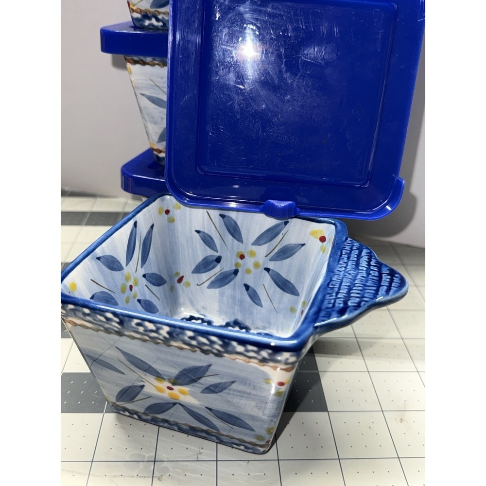 Temptations by Tara Old World Blue Confetti Flower Ceramic 10oz Ramekins w/Lids